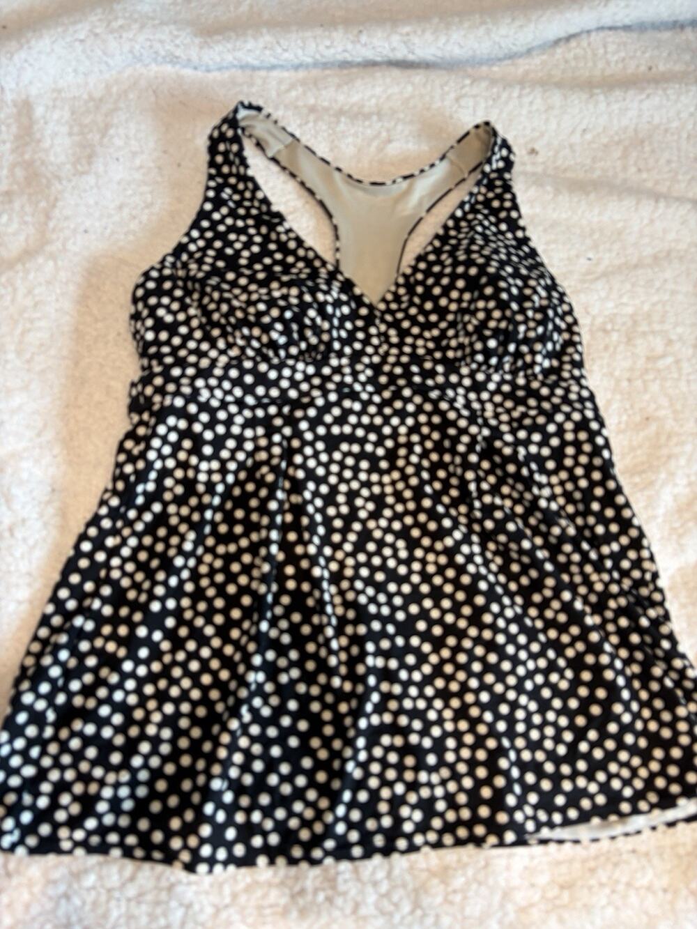 Lands End Tankini Top 8D Black Polka Dot Supportive Swim